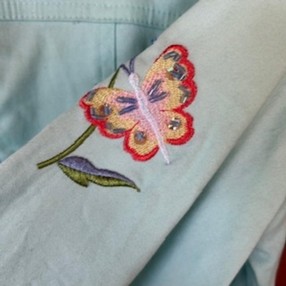 Retro‎ Quaker Factory Embroidered Jacket Floral Butterfly  Aqua Spring Medium - Picture 6 of 13